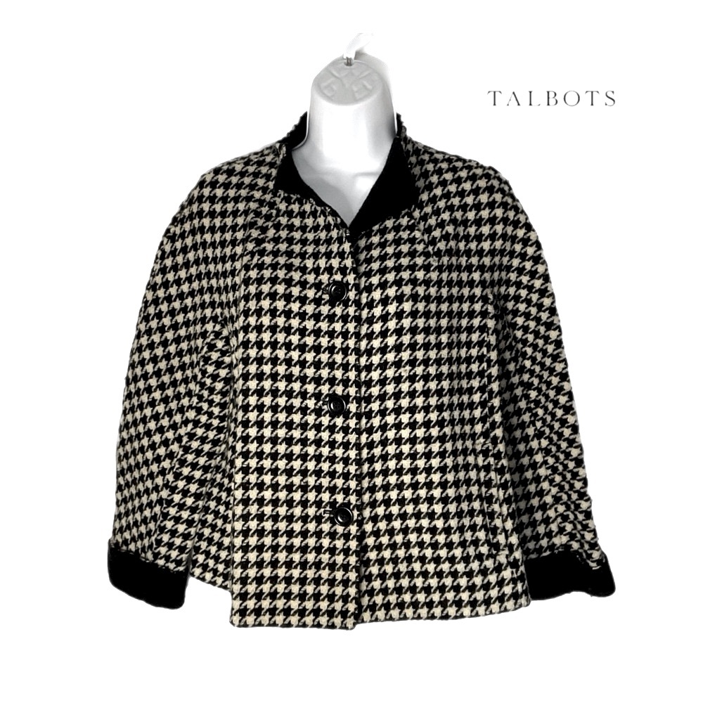 Talbots Small Petite Black & Ivory Cream Houndstooth Wool Blend Blazer Pockets - Picture 3 of 14